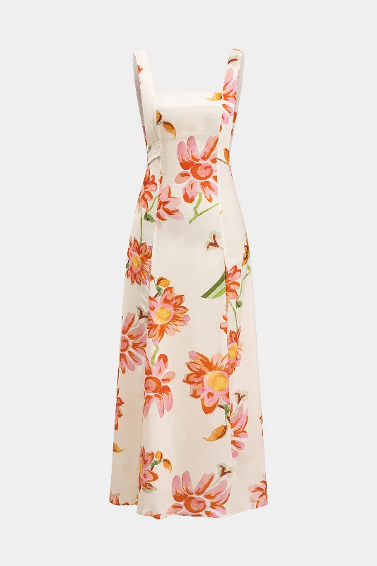 Floral Print Tie Back Zipper Backless Slip Maxi Dress