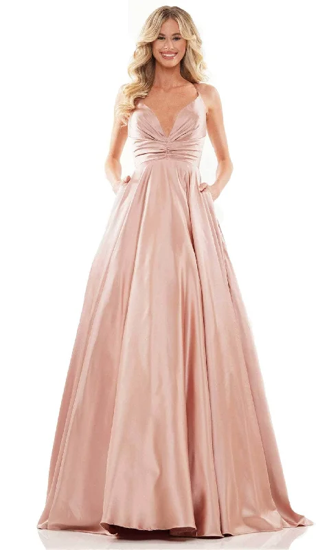 Colors Dress G1089 - V-Neck Ruched Satin Ballgown