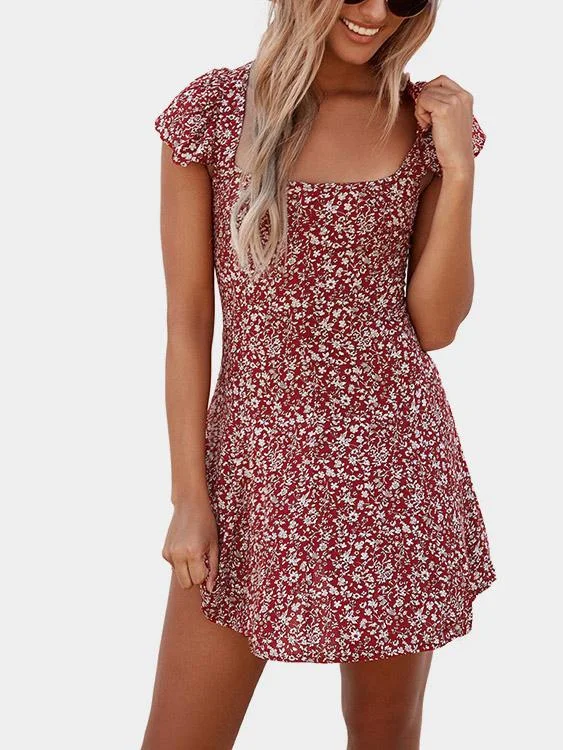 Wholesale Burgundy Sleeveless Floral Print Lace-Up Mini Dresses