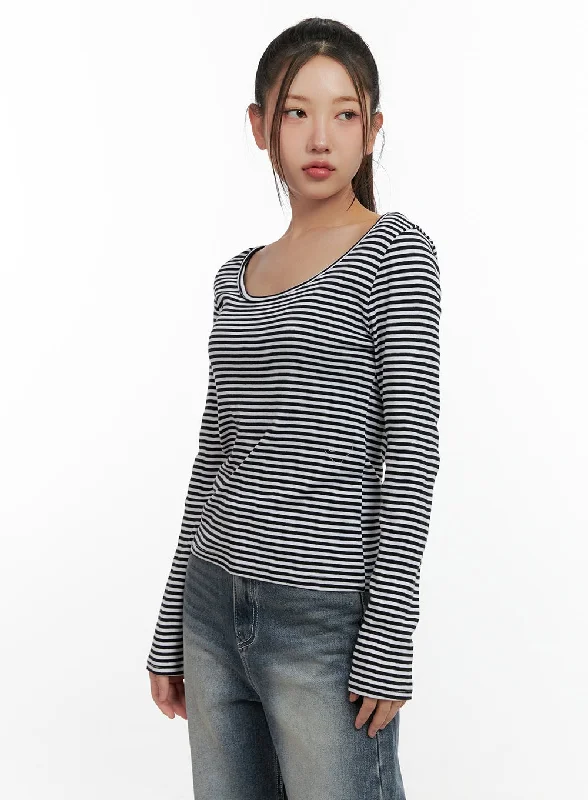 Striped Cotton U-Neck Long Sleeve Tee CN412