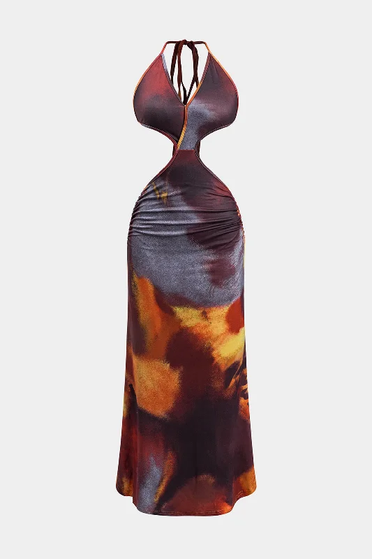 Abstract Leopard Print Ruched Tie Up Backless Maxi Dress