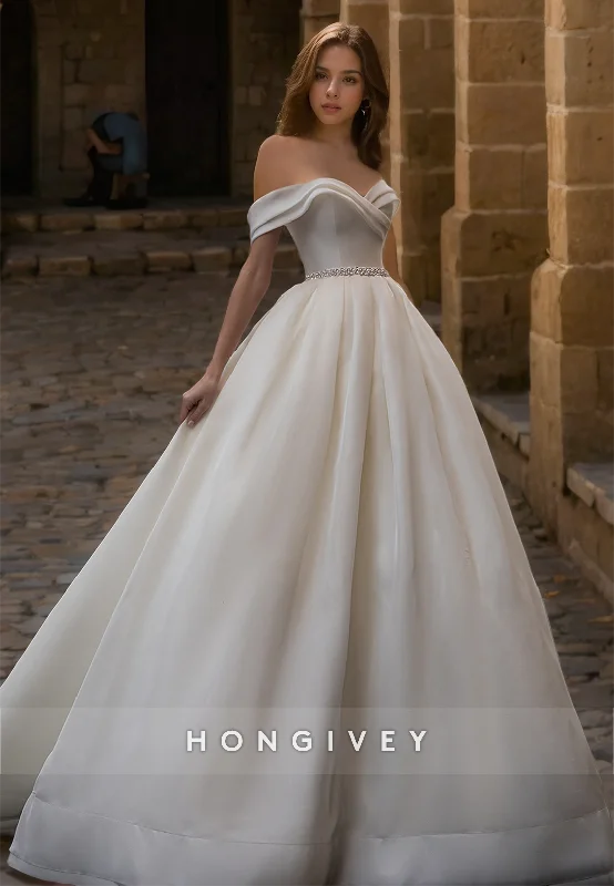 HONGIVEY Elegant Wedding Dress with Train Belt Off-Shoulder A-Line Tulle Bride Gown