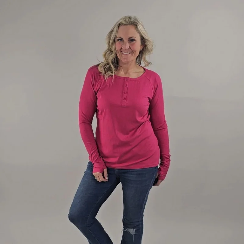 Raspberry Ribbed Long Sleeve Henley