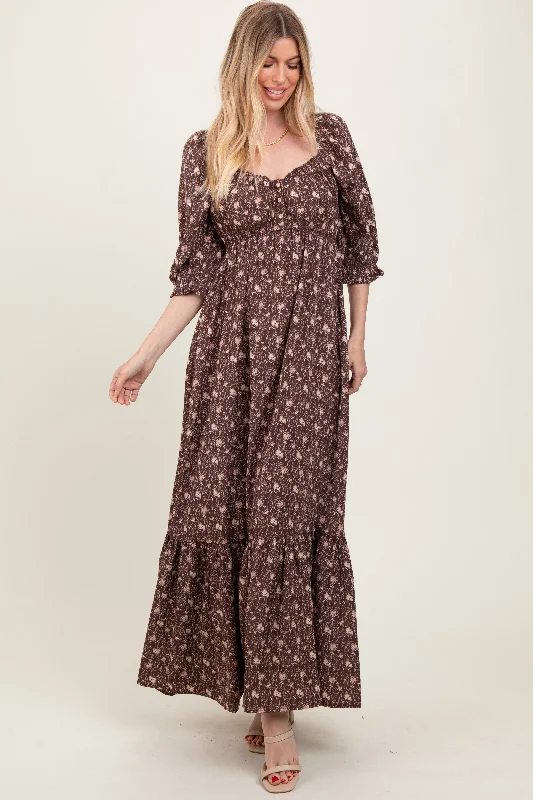 Chestnut Floral Sweetheart Neckline Maxi Dress