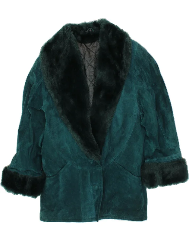 VINTAGE Womens Suede Overcoat UK 12 Medium Turquoise