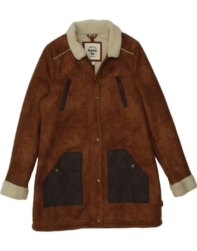 BELLFIELD Womens Sherpa Overcoat UK 14 Large Brown Colourblock Polyester