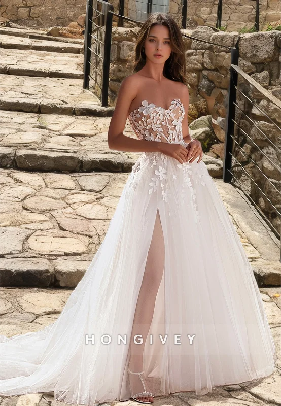 HONGIVEY Lace Applique Wedding Dress A-Line Side Slit Strapless Organza Tulle Bride Dress