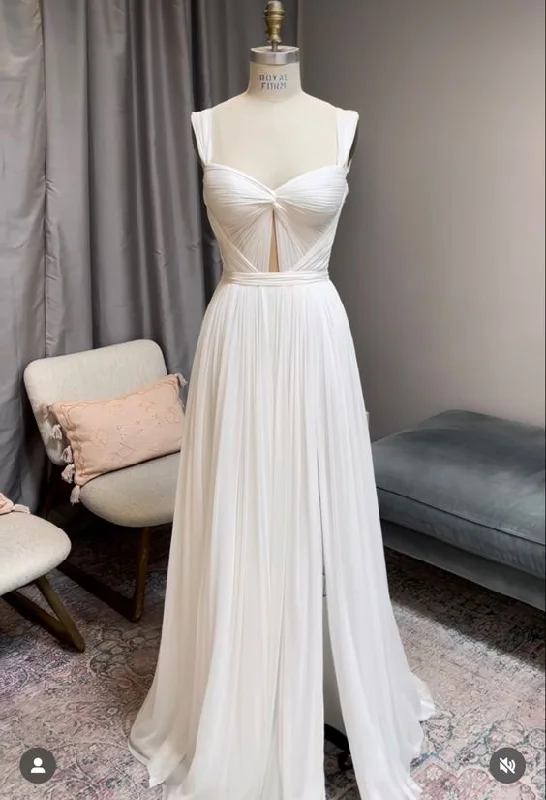 Elegant Strappy White A-Line Formal Long Prom Dress Light Wedding Dress, DP3204