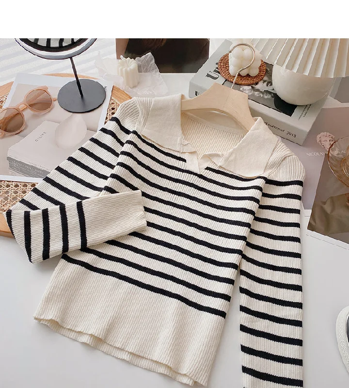 Niche design Lapel contrast stripe slim top  6618