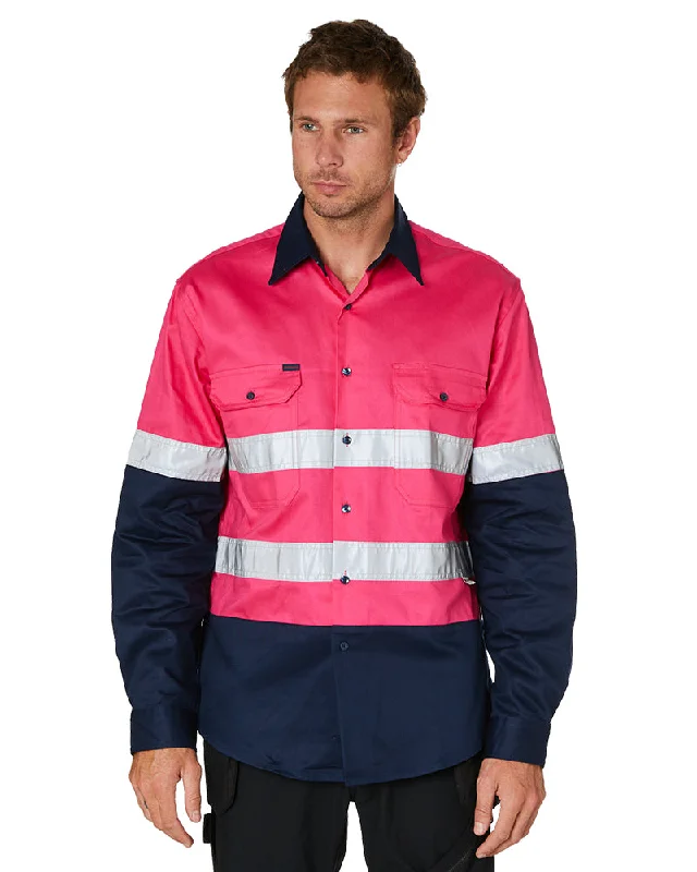 Hi Vis Taped Cotton Drill Shirt LS - Pink/Navy