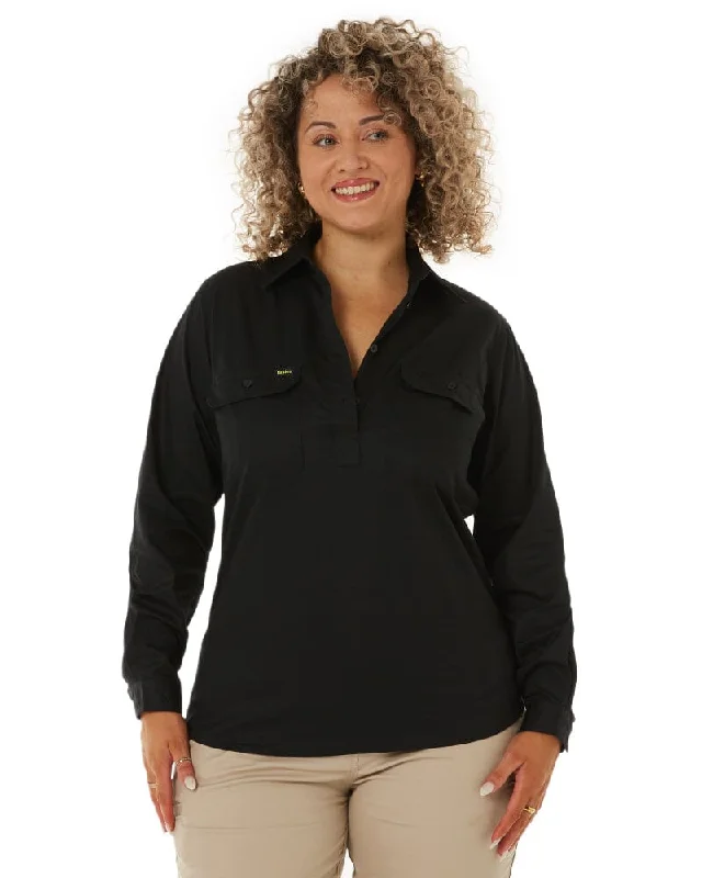 Womens Closed Front Lightweight LS Drill Shirt - Black