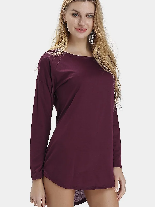 Wholesale Round Neck Long Sleeve Curved Hem Burgundy Mini Dress