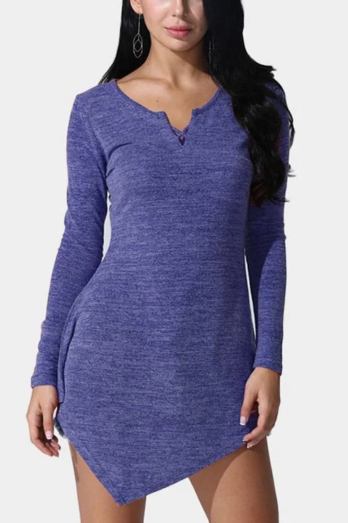 Wholesale V-Neck Long Sleeve Irregular Hem Blue Mini Dress